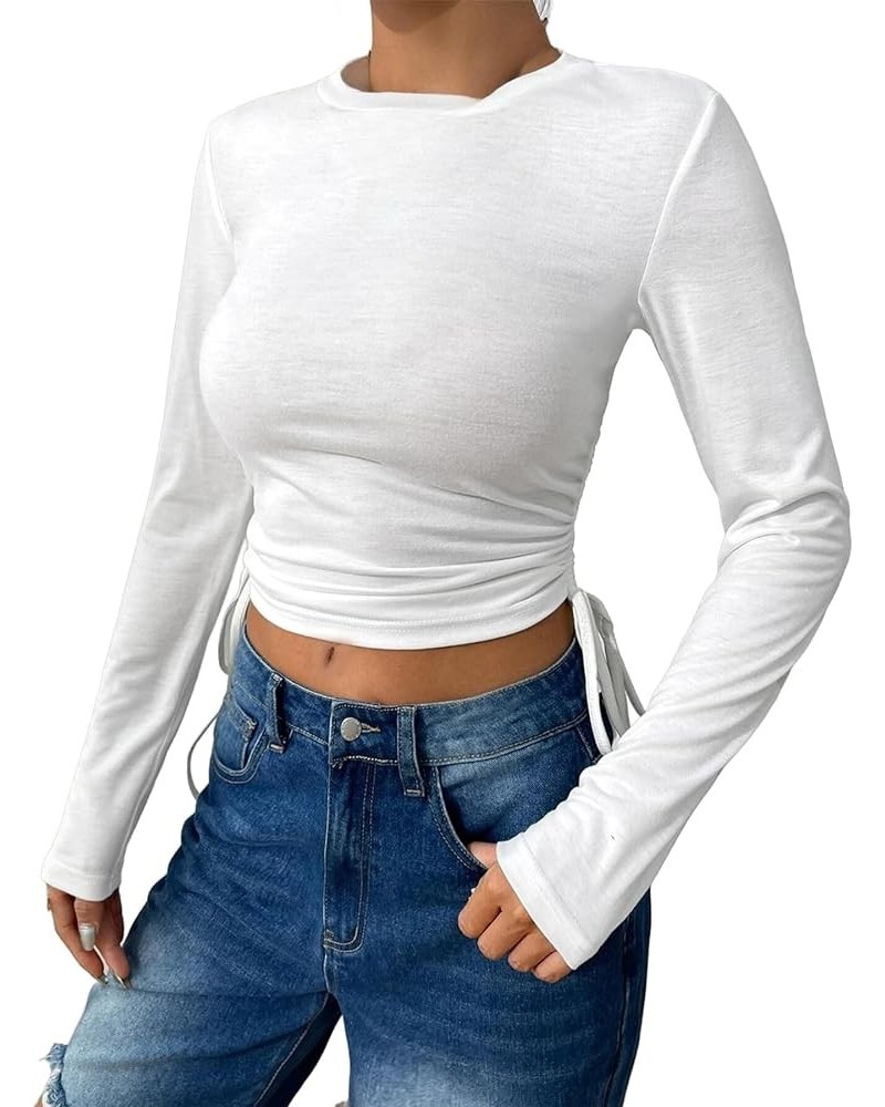 Women's Casual Long Sleeve Ruffle Top Ribbed Knit Tee Shirt Slim Fit Frilled Solid Blouse Ch-white $13.19 Blouses