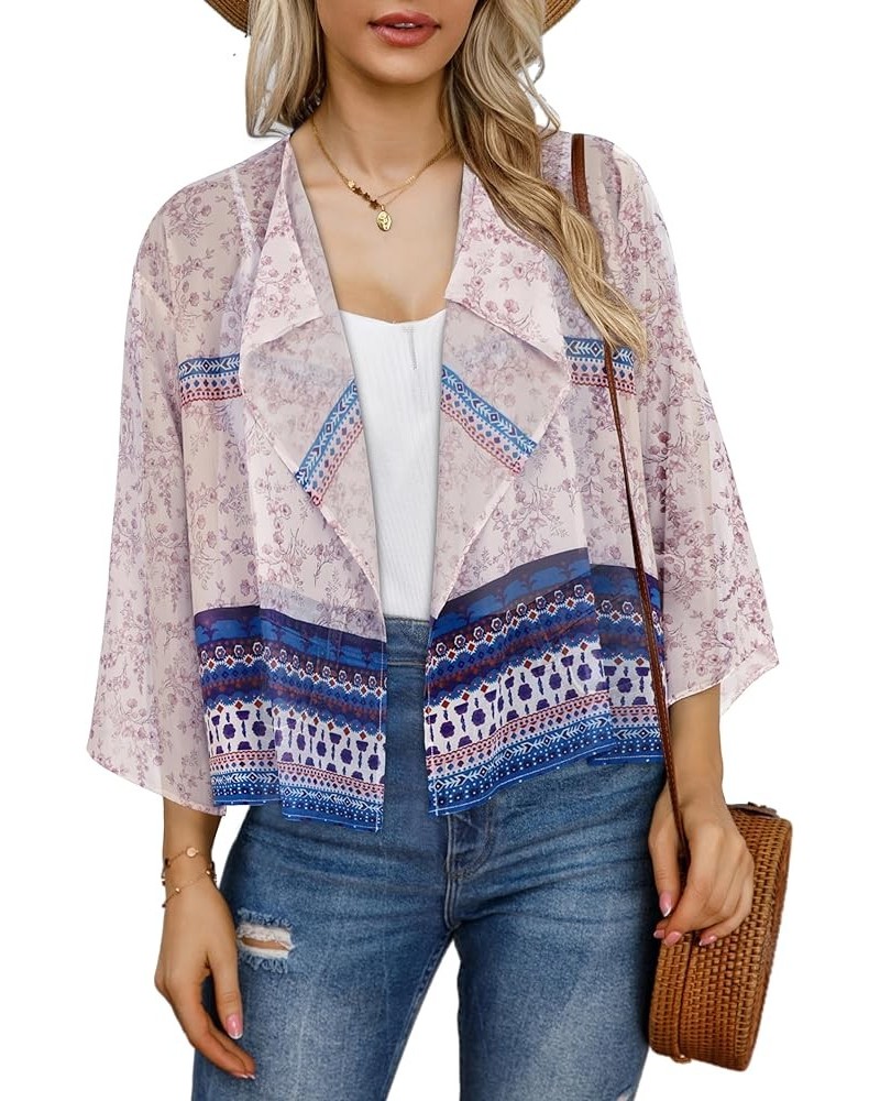 Womens Summer Tops Short Shrugs Kimono Cardigans Casual Chiffon Bolero Jackets Floral Print Blue $10.25 Sweaters