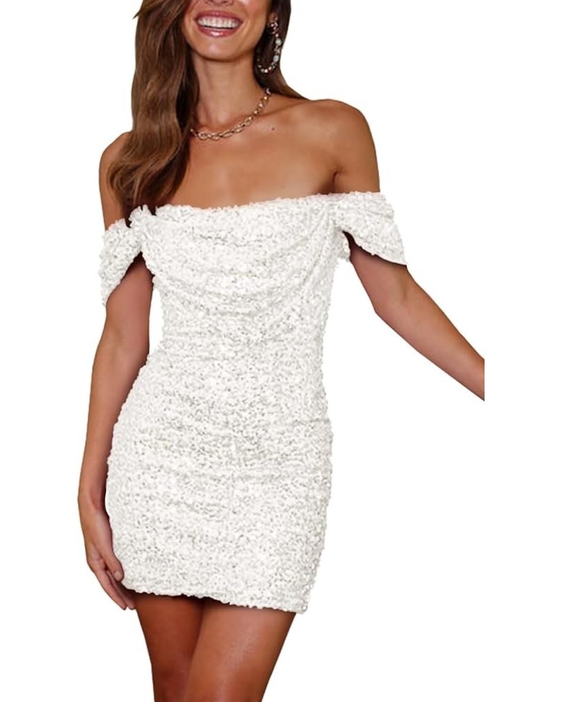 Sparkly Sequin Homecoming Dresses for Teens Off Shoulder Short Formal Sexy Party Gowns White $30.08 Dresses