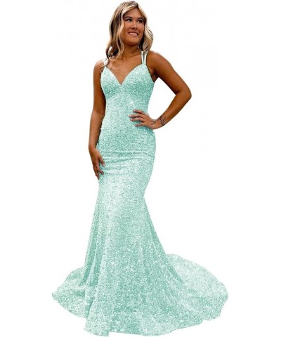 Spaghetti Straps Sequin Prom Dress V-Neck Backless Mermaid Sparkly Women Formal Evening Gowns Mint Green $38.24 Dresses