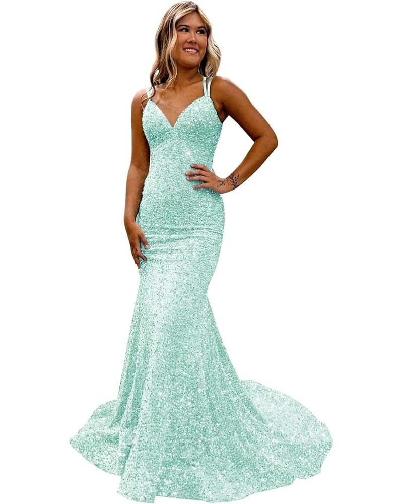 Spaghetti Straps Sequin Prom Dress V-Neck Backless Mermaid Sparkly Women Formal Evening Gowns Mint Green $38.24 Dresses