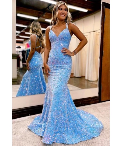 Spaghetti Straps Sequin Prom Dress V-Neck Backless Mermaid Sparkly Women Formal Evening Gowns Mint Green $38.24 Dresses