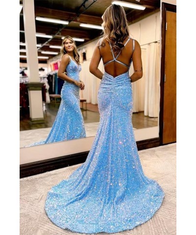 Spaghetti Straps Sequin Prom Dress V-Neck Backless Mermaid Sparkly Women Formal Evening Gowns Mint Green $38.24 Dresses