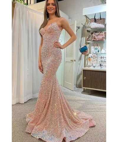 Spaghetti Straps Sequin Prom Dress V-Neck Backless Mermaid Sparkly Women Formal Evening Gowns Mint Green $38.24 Dresses