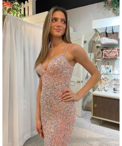 Spaghetti Straps Sequin Prom Dress V-Neck Backless Mermaid Sparkly Women Formal Evening Gowns Mint Green $38.24 Dresses