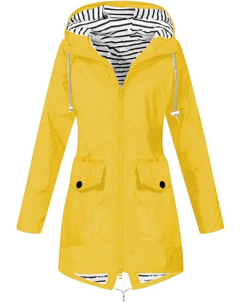 Coats for Women, Women Stripe Outdoor Rain Jacket Medium and Long Waterproof Hooded Raincoat Windproof with Pockets 02-yellow...