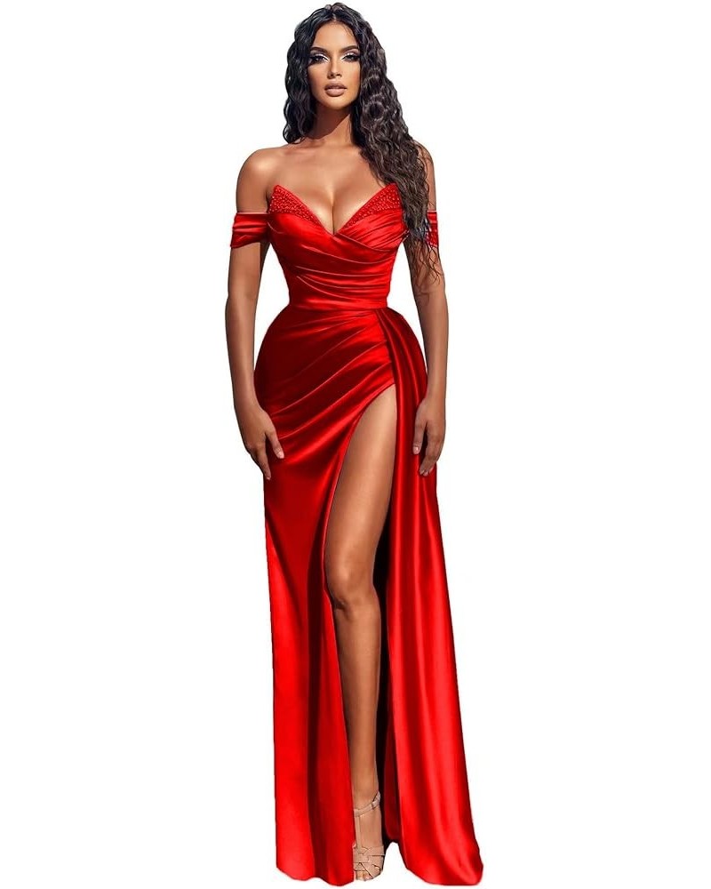 Women's Off Shoulder Long Prom Dresses Mermaid Beaded Satin High Slit Formal Evening Party Gowns Red $41.86 Dresses