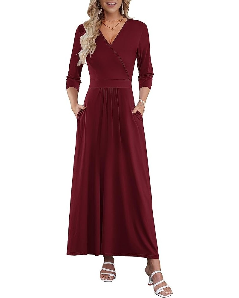 Women's 3/4 Sleeve V Neck Casual Long Maxi Dresses with Pockets Burgundy $12.74 Dresses