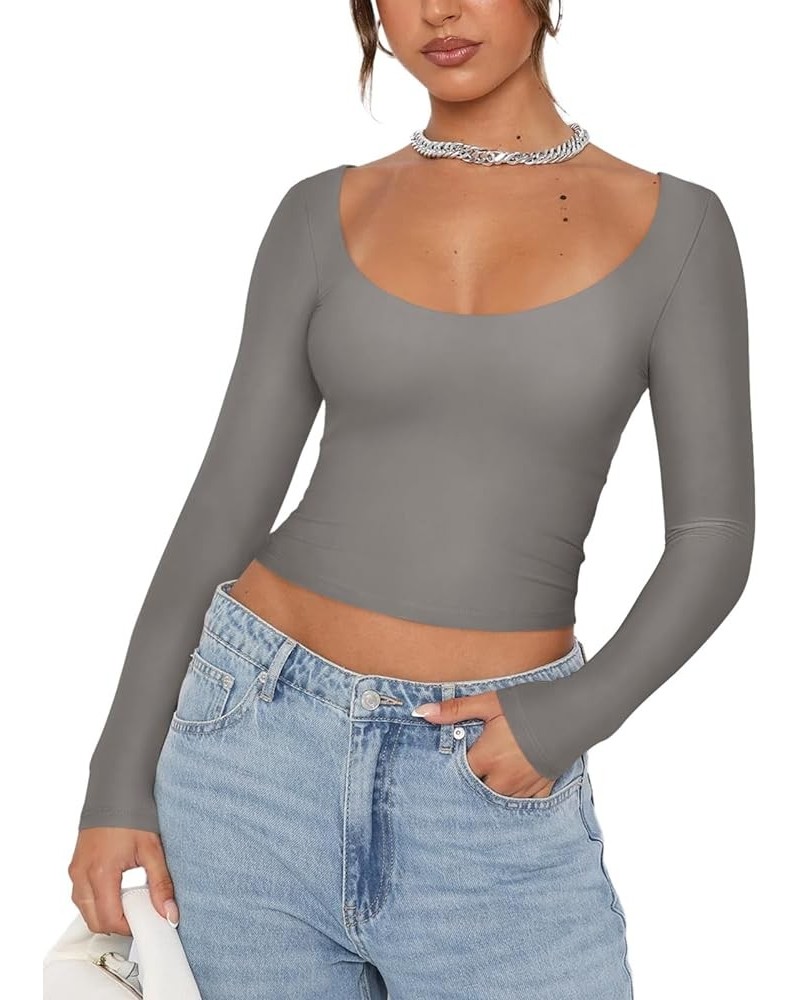 Womens Sexy Scoop Neck Long Sleeve Double Lined Basic Shirts Fitted Y2K Trendy Crop Tops Dark Grey $10.79 T-Shirts