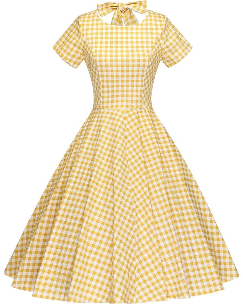 Womens 1950s Vintage Retro Party Swing Pocket Rockabillty Stretchy Dress Yellow Plaid $17.64 Dresses