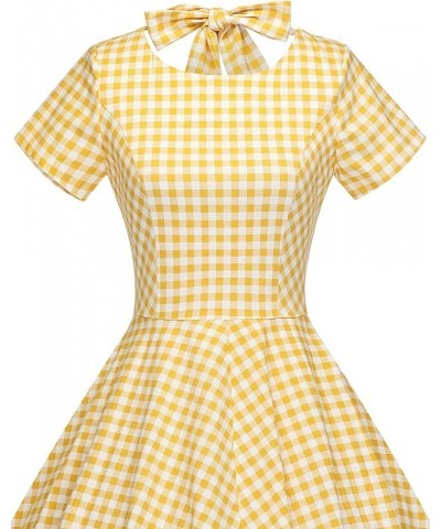 Womens 1950s Vintage Retro Party Swing Pocket Rockabillty Stretchy Dress Yellow Plaid $17.64 Dresses