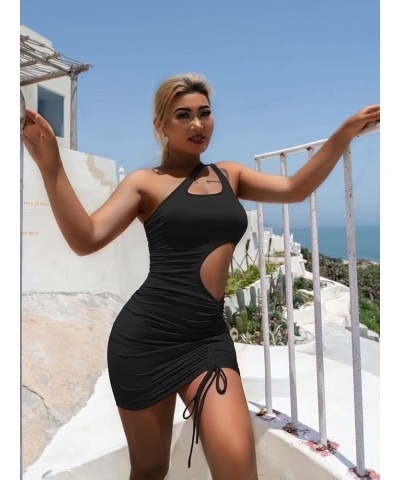 Women's Sexy Sleeveless One Shoulder Cutout Drawstring Bodycon Club Mini Dress Black $9.03 Dresses