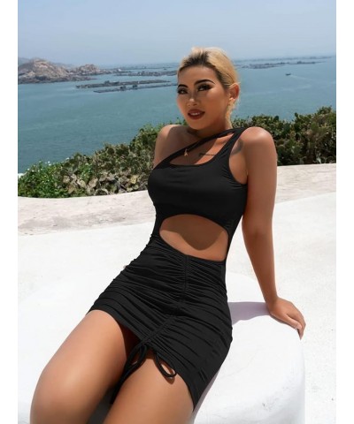 Women's Sexy Sleeveless One Shoulder Cutout Drawstring Bodycon Club Mini Dress Black $9.03 Dresses