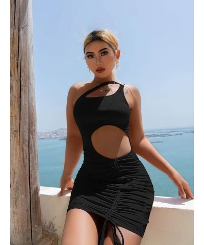 Women's Sexy Sleeveless One Shoulder Cutout Drawstring Bodycon Club Mini Dress Black $9.03 Dresses