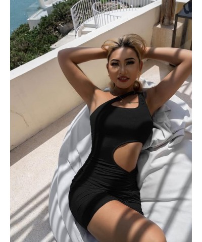 Women's Sexy Sleeveless One Shoulder Cutout Drawstring Bodycon Club Mini Dress Black $9.03 Dresses