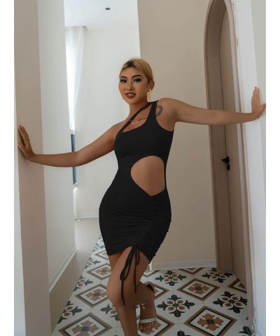 Women's Sexy Sleeveless One Shoulder Cutout Drawstring Bodycon Club Mini Dress Black $9.03 Dresses