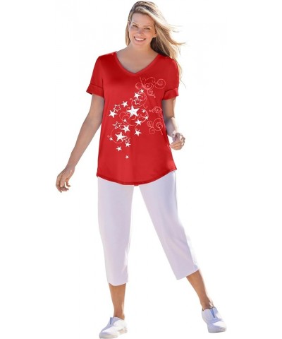 Women's Plus Size Two-Piece V-Neck Tunic & Capri Set Vivid Red Stars $17.29 Pants