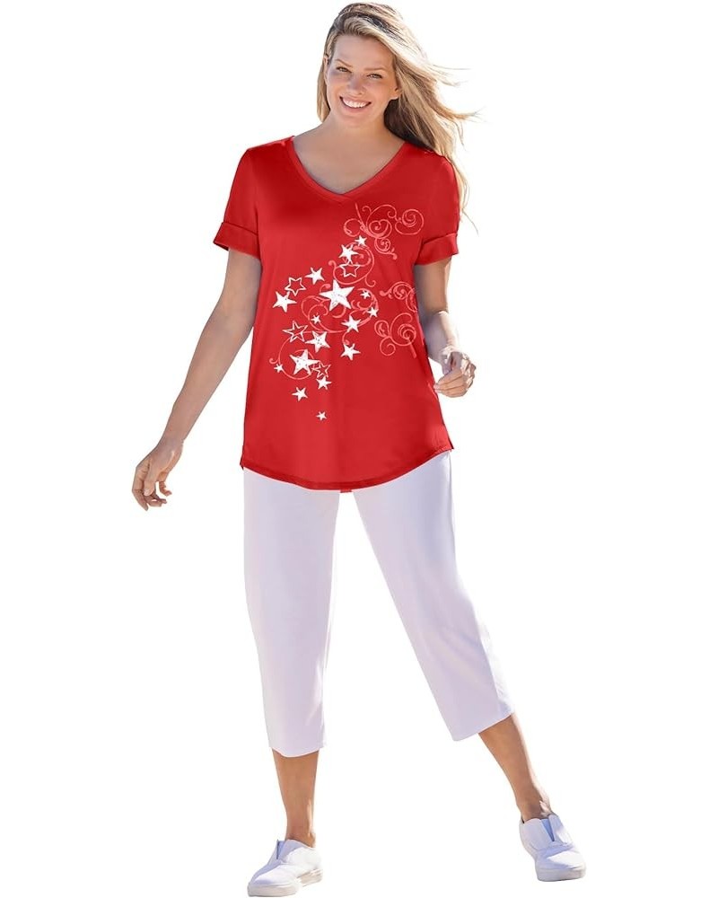 Women's Plus Size Two-Piece V-Neck Tunic & Capri Set Vivid Red Stars $17.29 Pants