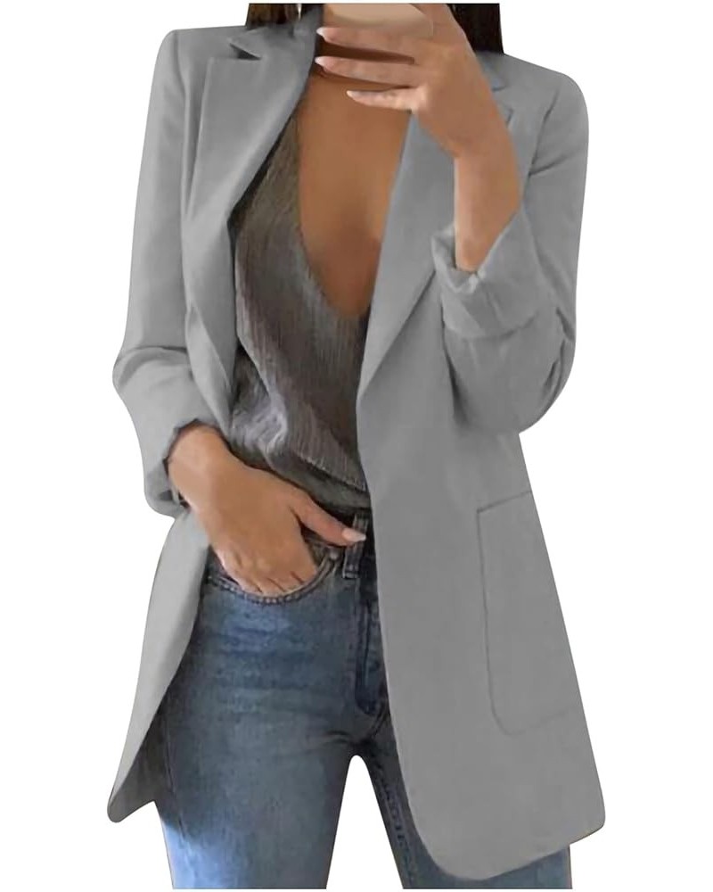 Blazer Jackets for Women Solid Turndown Collar Suit Coat Casual Long Sleeve Open Front Slim Fit Cardigan Outerwear A1-silver ...