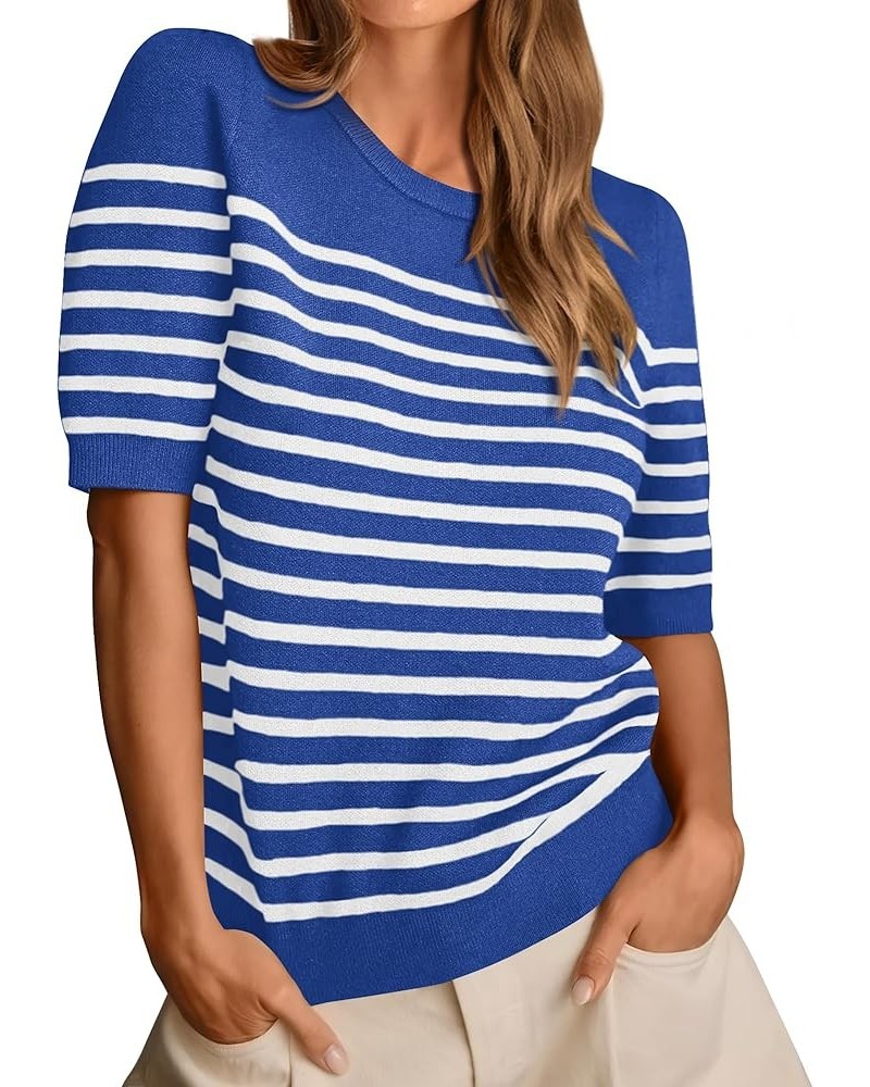 Women's 2024 Short Sleeve Crew Neck T Shirts Casual Striped Ribbed Knit Pullover Sweater Tops Dark Blue $16.82 Tops