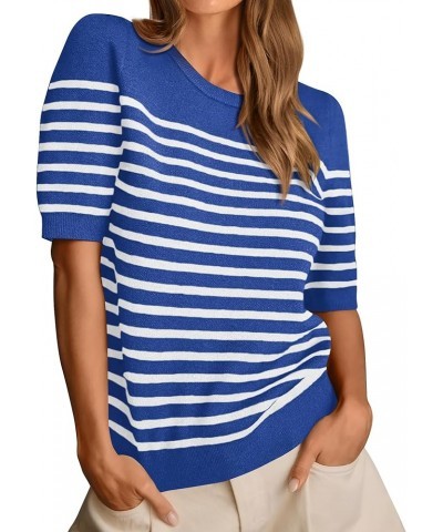 Women's 2024 Short Sleeve Crew Neck T Shirts Casual Striped Ribbed Knit Pullover Sweater Tops Dark Blue $16.82 Tops