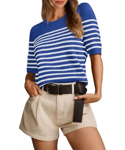 Women's 2024 Short Sleeve Crew Neck T Shirts Casual Striped Ribbed Knit Pullover Sweater Tops Dark Blue $16.82 Tops