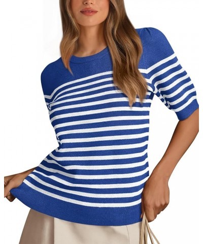 Women's 2024 Short Sleeve Crew Neck T Shirts Casual Striped Ribbed Knit Pullover Sweater Tops Dark Blue $16.82 Tops