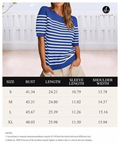 Women's 2024 Short Sleeve Crew Neck T Shirts Casual Striped Ribbed Knit Pullover Sweater Tops Dark Blue $16.82 Tops