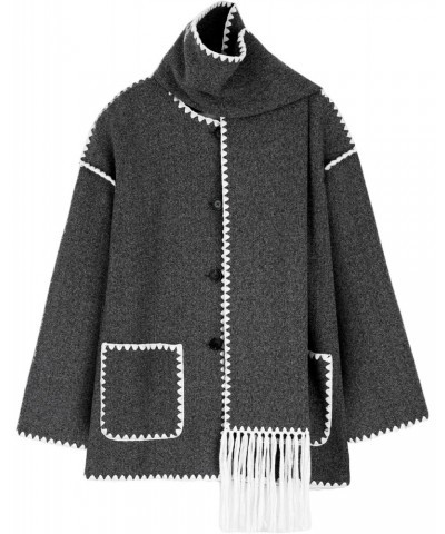 Women's Embroidered Scarf Jacket Oversized Button Down Wool Blend Coat Mid Long Outerwear with Tassel Scarf(Dark-Grey-M) $27....