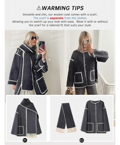 Women's Embroidered Scarf Jacket Oversized Button Down Wool Blend Coat Mid Long Outerwear with Tassel Scarf(Dark-Grey-M) $27....