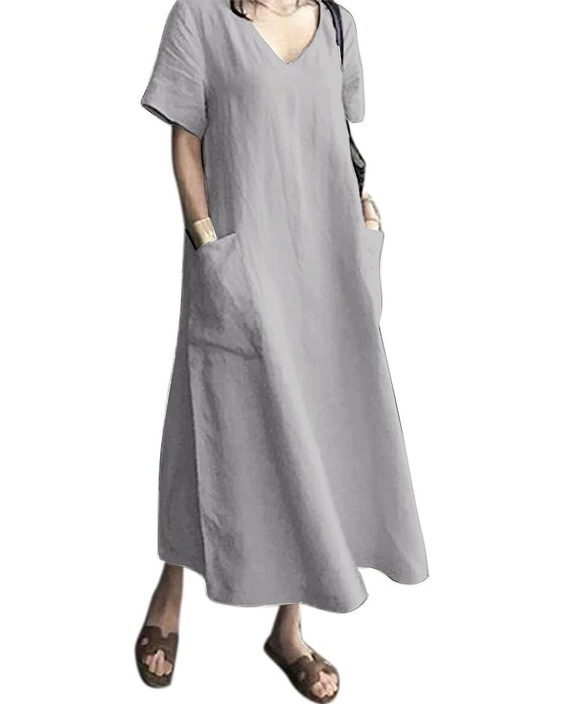 Women's Maxi Dress Solid Plus Size Loose Cotton Linen Long Dresses with Pockets 01-light Grey $14.84 Swimsuits