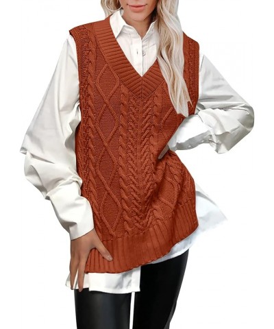 Women’s Oversized Sweater Vest V Neck Sleeveless Plaid Cable Knit Tank Top Sweaters Brown $21.23 Sweaters