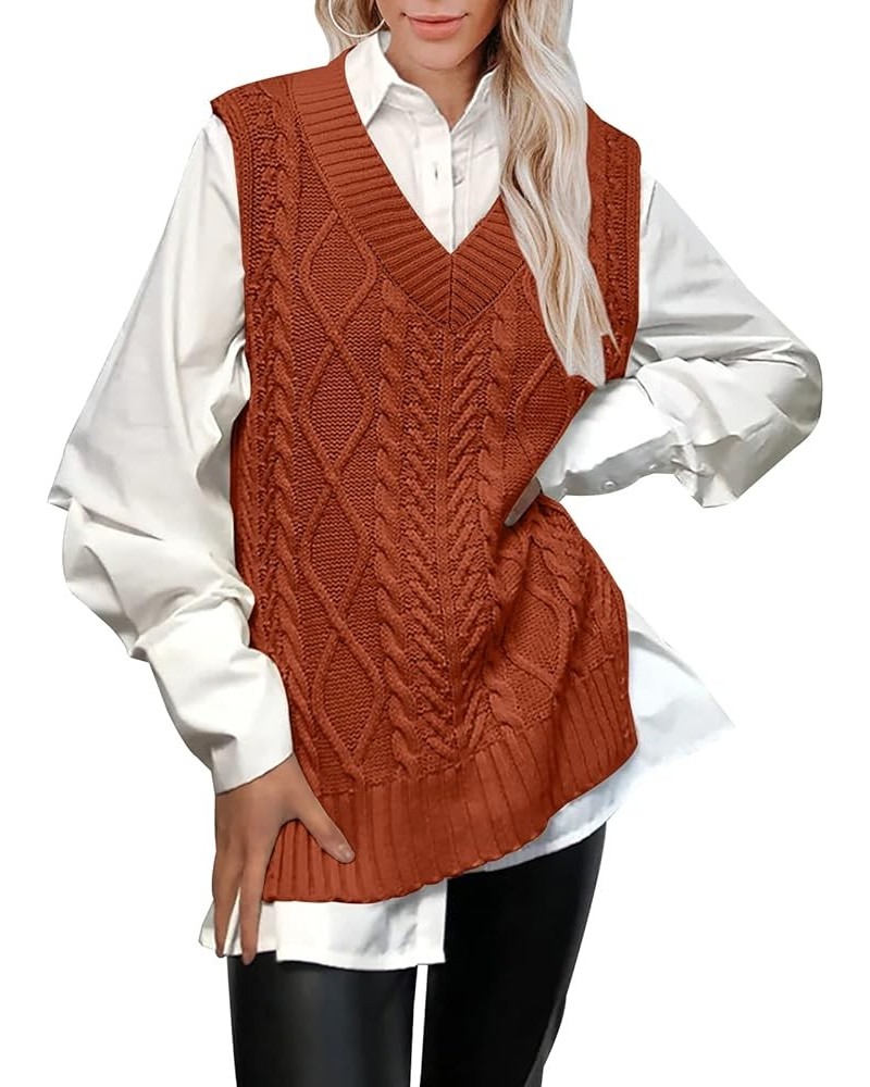 Women’s Oversized Sweater Vest V Neck Sleeveless Plaid Cable Knit Tank Top Sweaters Brown $21.23 Sweaters