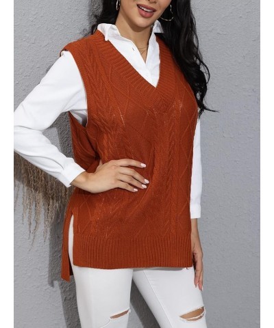 Women’s Oversized Sweater Vest V Neck Sleeveless Plaid Cable Knit Tank Top Sweaters Brown $21.23 Sweaters