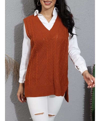 Women’s Oversized Sweater Vest V Neck Sleeveless Plaid Cable Knit Tank Top Sweaters Brown $21.23 Sweaters