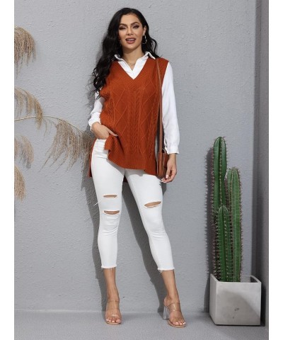 Women’s Oversized Sweater Vest V Neck Sleeveless Plaid Cable Knit Tank Top Sweaters Brown $21.23 Sweaters