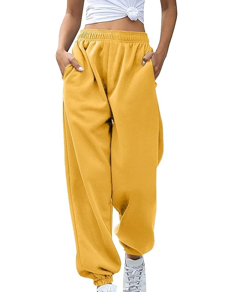 Womens Stretch Pants Elastic Waist Casual Loose Foot Fleece Sweatpants Women's Running Pants Flowy Pajama Pants Plus D-yellow...