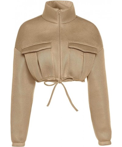 Womens Zip Up Cropped Jacket Stand Collar Long Sleeve Lightweight Short Bomber Jackets Coat Khaki $26.39 Jackets