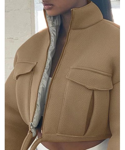 Womens Zip Up Cropped Jacket Stand Collar Long Sleeve Lightweight Short Bomber Jackets Coat Khaki $26.39 Jackets