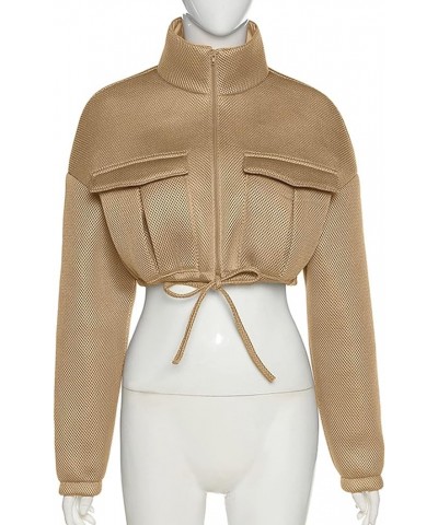 Womens Zip Up Cropped Jacket Stand Collar Long Sleeve Lightweight Short Bomber Jackets Coat Khaki $26.39 Jackets