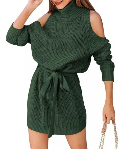 Women's Long Sleeve Turtleneck Off Shoulder Sweater Dresses Knit Casual Stretchy Pullover Dress with Belt Dark Green $9.87 Sw...