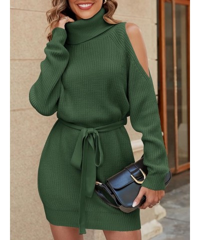 Women's Long Sleeve Turtleneck Off Shoulder Sweater Dresses Knit Casual Stretchy Pullover Dress with Belt Dark Green $9.87 Sw...