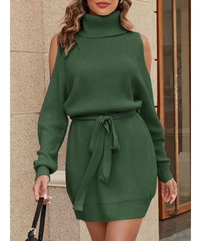 Women's Long Sleeve Turtleneck Off Shoulder Sweater Dresses Knit Casual Stretchy Pullover Dress with Belt Dark Green $9.87 Sw...