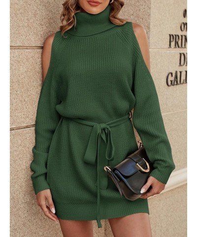 Women's Long Sleeve Turtleneck Off Shoulder Sweater Dresses Knit Casual Stretchy Pullover Dress with Belt Dark Green $9.87 Sw...