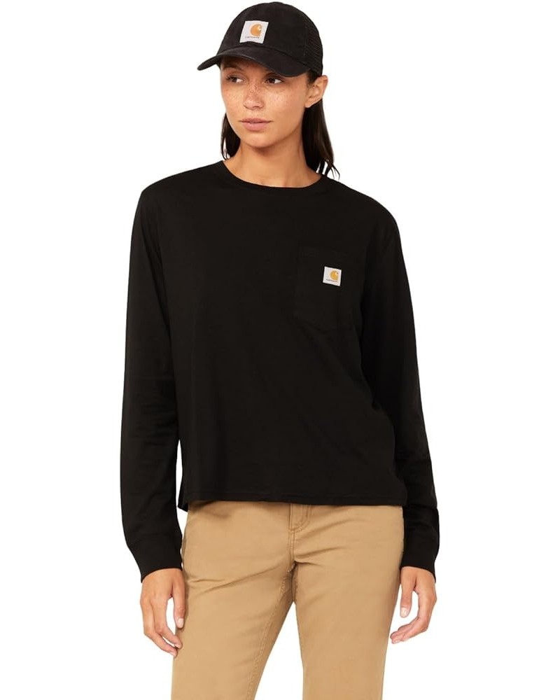 Women's Loose Fit Lightweight Long-Sleeve Crewneck Pocket T-Shirt Black $11.21 Tops