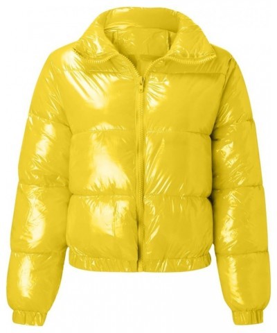 Trench Coat Crop Puffer Jacket Womens Bubble Zip Up Padding Warm Quilted Winter Coats Shiny Stand Collar Outerwear Yellow $28...