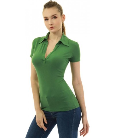 Women Collared V Neck Short Sleeve Polo Shirt Green $9.68 Shirts