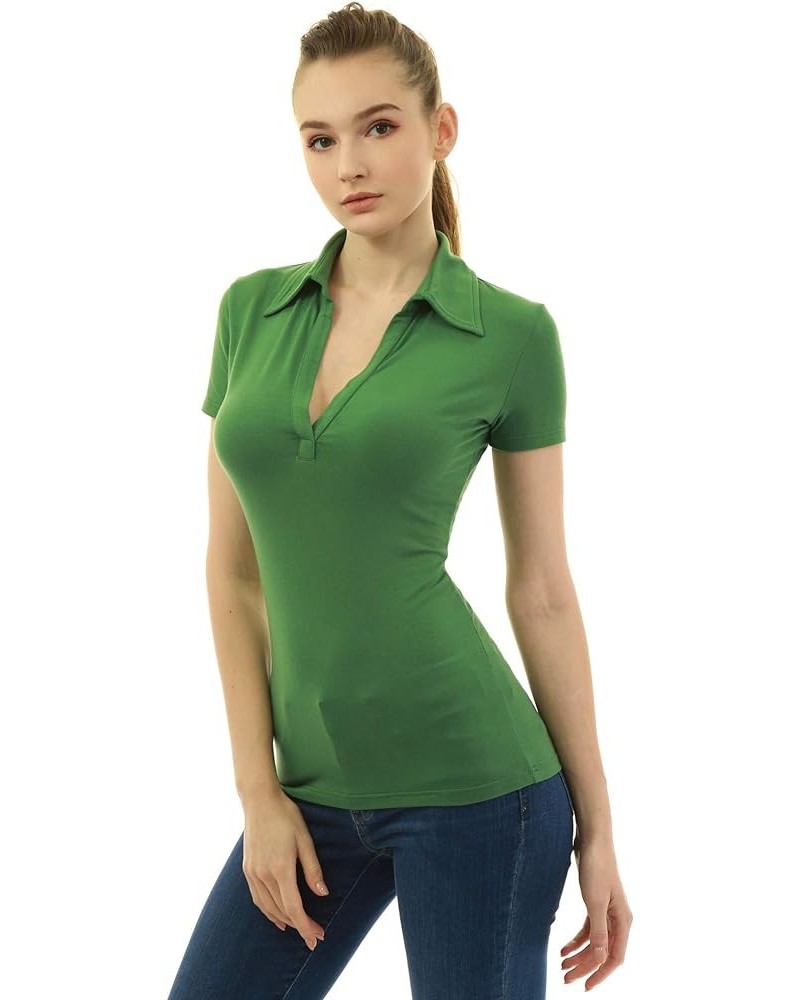 Women Collared V Neck Short Sleeve Polo Shirt Green $9.68 Shirts