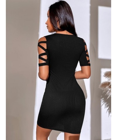 Women's Cut Out Crisscross Short Sleeve Rib Knit Bodycon Mini Pencil Dress Black $12.25 Dresses