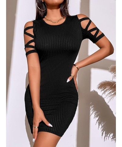 Women's Cut Out Crisscross Short Sleeve Rib Knit Bodycon Mini Pencil Dress Black $12.25 Dresses